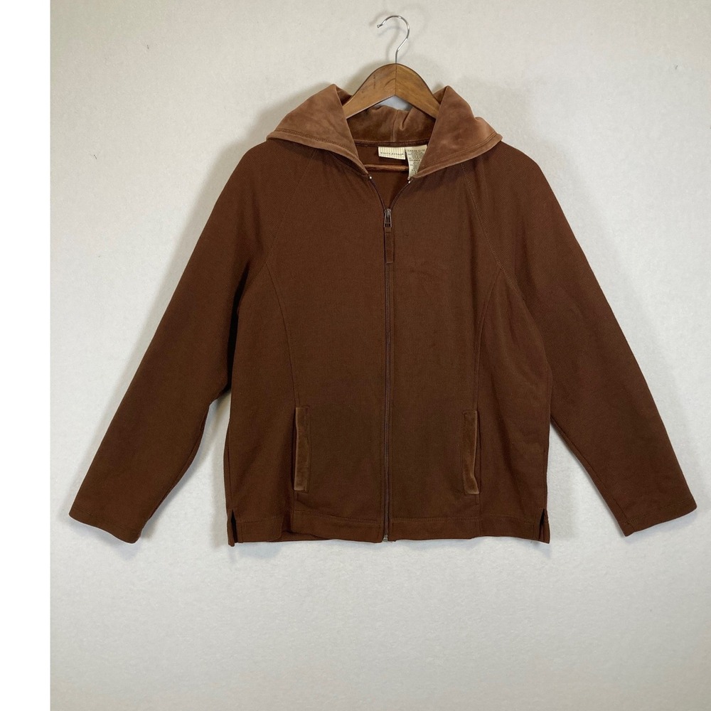 Earth Tone White‎ Stag Womens Large 12/14 Brown Velvet Trim Ribbed Zip Up Hoodie